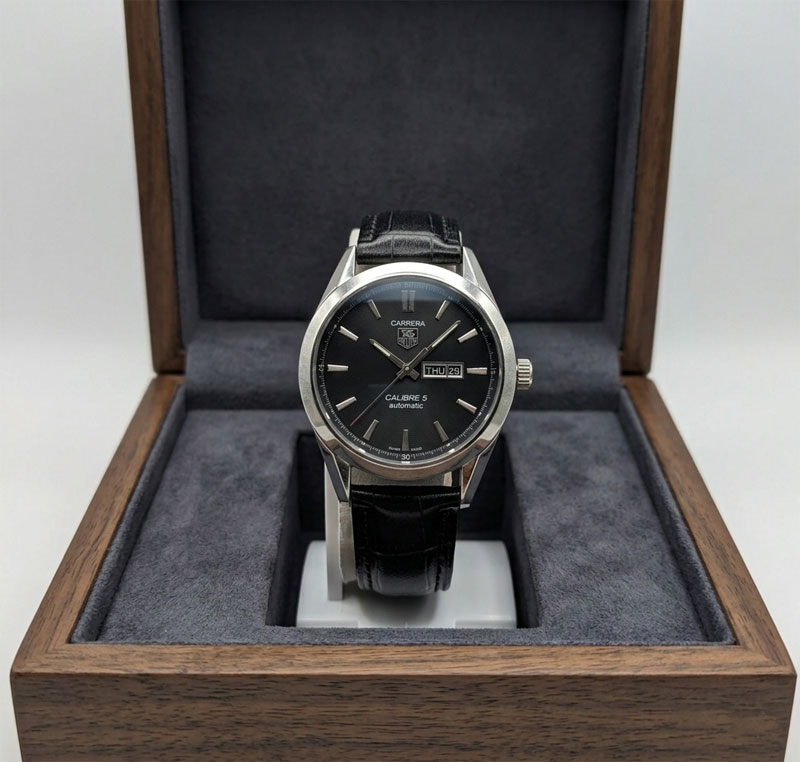 black 1 TAG Heuer Carrera Calibre 5 Men Watch - Black Leather Strap - Image 1