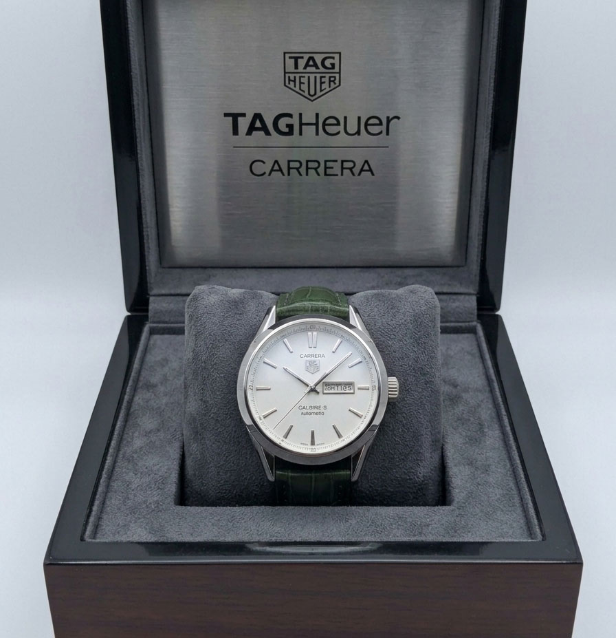 green1 TAG Heuer Carrera Calibre 5 Men Watch - Green Leather Strap - Image 1